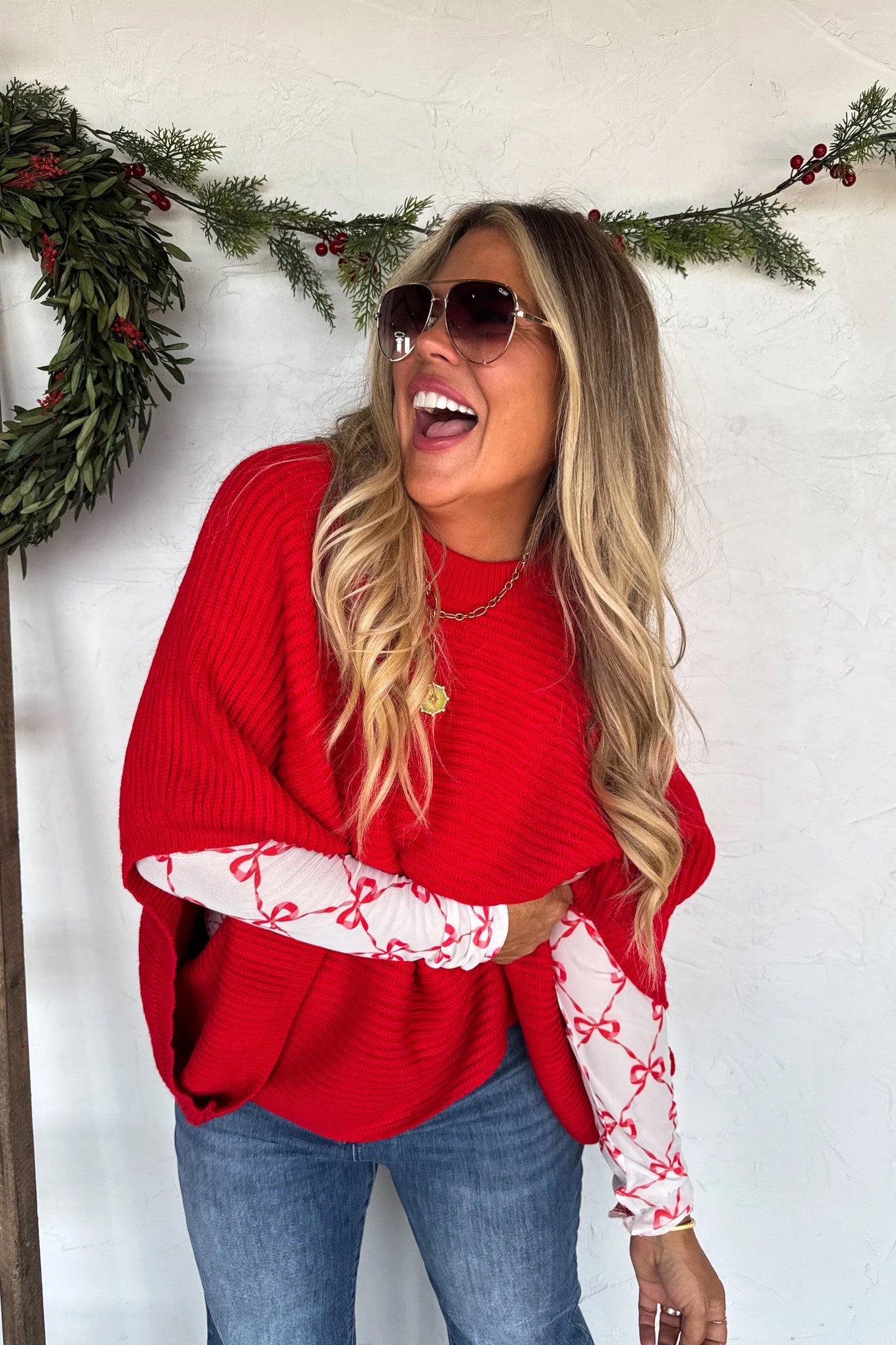Candy Cane Bow Mesh Long Sleeve Top