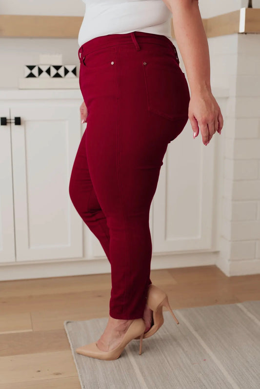 High Rise Control Top Judy Blue Skinny Jeans in Scarlet