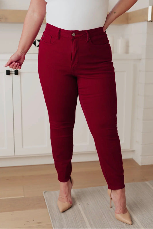 High Rise Control Top Judy Blue Skinny Jeans in Scarlet