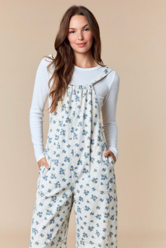 Blue Blossom Tie-Back Overalls