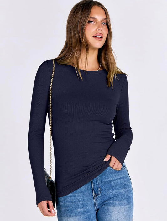 Classic Navy Ribbed Long Sleeve Top