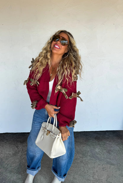 Cranberry Bow-Tie Chunky Knit Cardigan