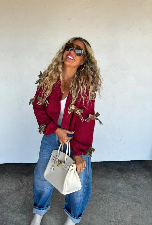 Cranberry Bow-Tie Chunky Knit Cardigan