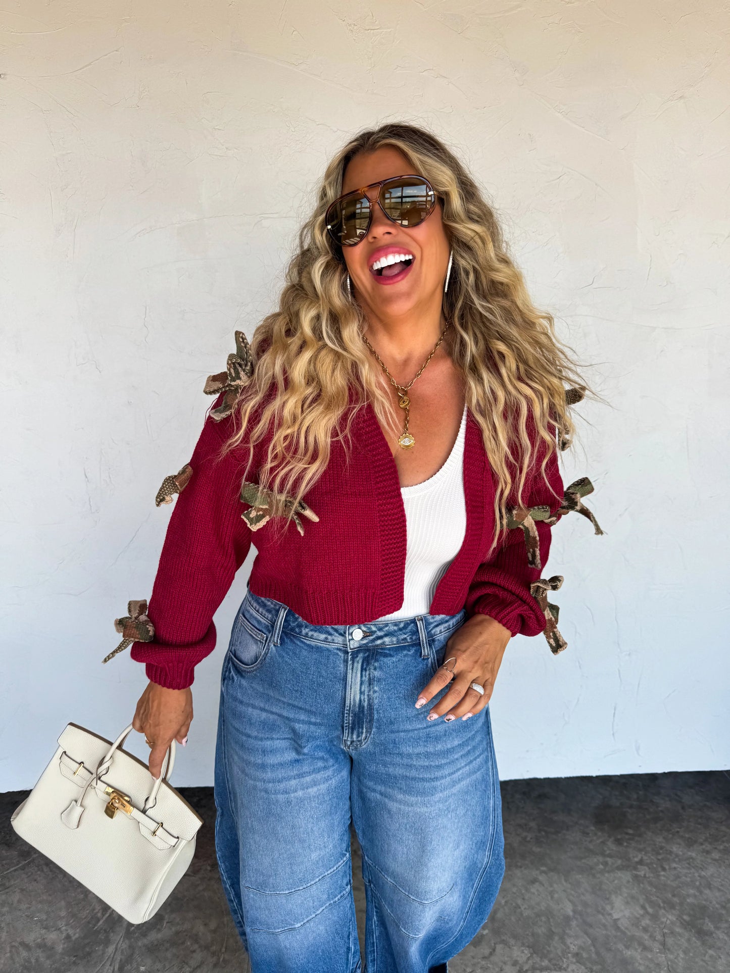 Cranberry Bow-Tie Chunky Knit Cardigan