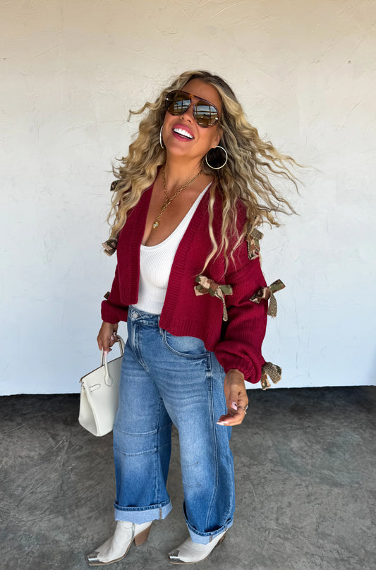 Cranberry Bow-Tie Chunky Knit Cardigan