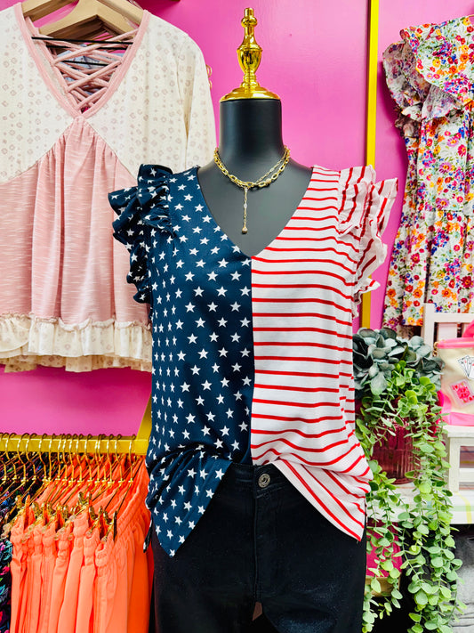 AmericA! Ruffle Sleeve Flag Top