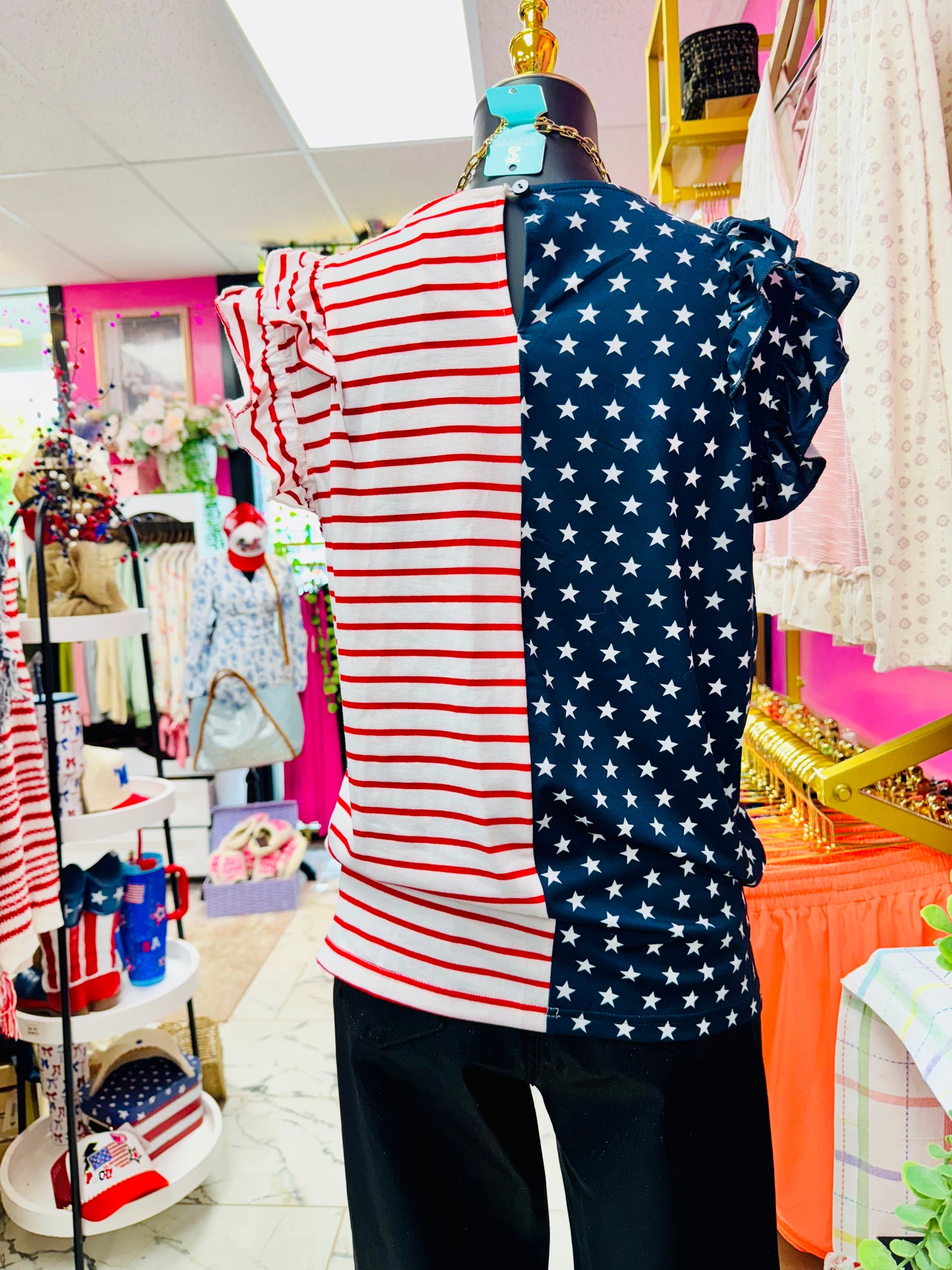 AmericA! Ruffle Sleeve Flag Top