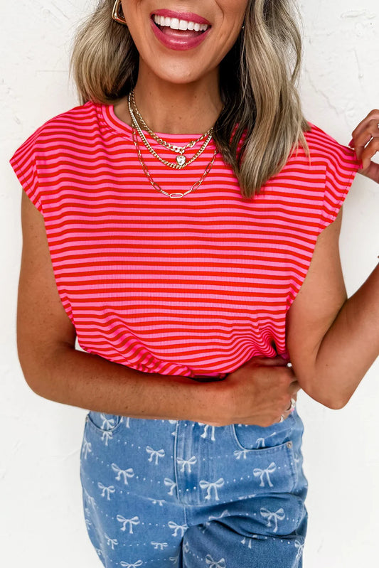 Red & Pink Striped Cap Top