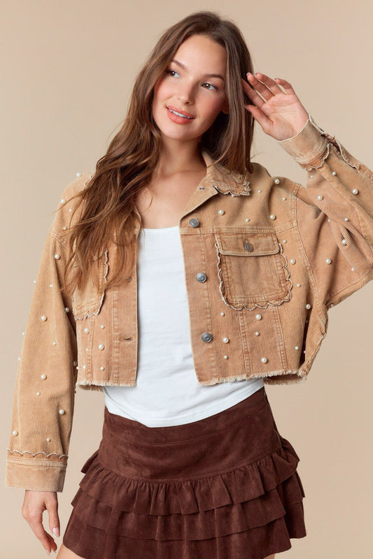 Pearl Embroidery Washed Corduroy Jacket