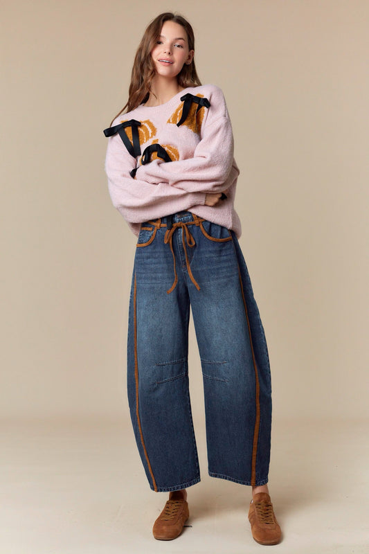 Binding Detailed Waist Belt Denim Barrel Jean