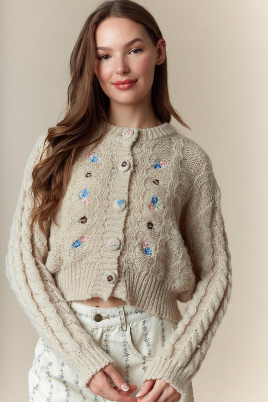 Flower Embroidery Detail Button Down Cardigan