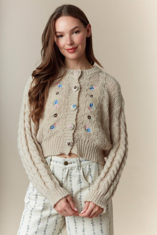 Flower Embroidery Detail Button Down Cardigan
