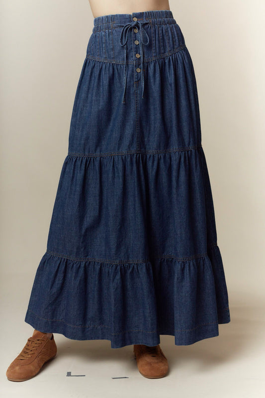 Washed Denim Pleats Detail Long Skirt