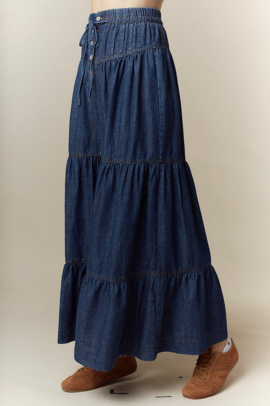 Washed Denim Pleats Detail Long Skirt