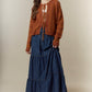 Washed Denim Pleats Detail Long Skirt