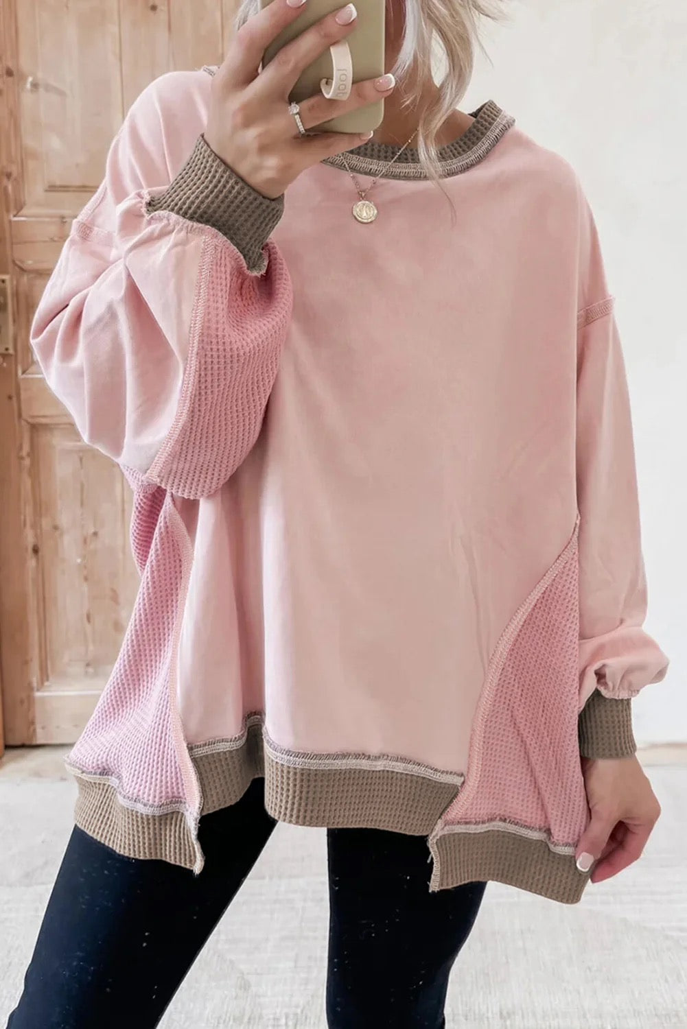 Blush Contrast Waffle Knit Pullover