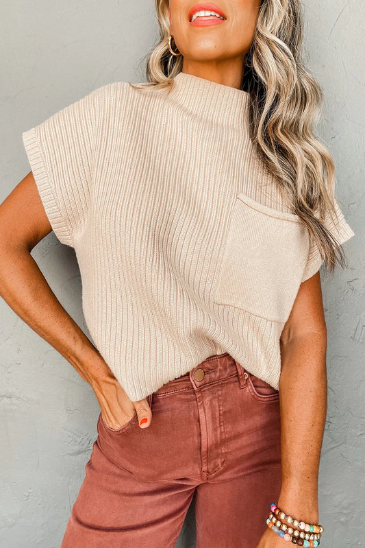 Beige Ribbed Knit Mock Neck Top