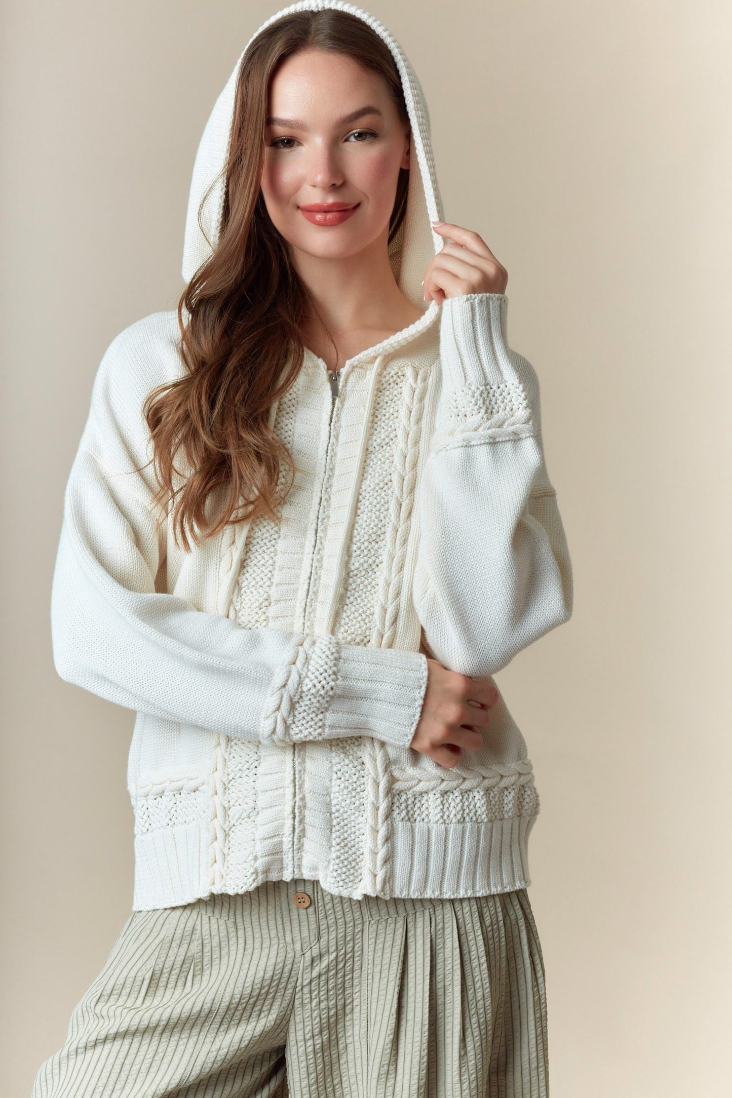 Cream Cable Knit Zip Hoodie