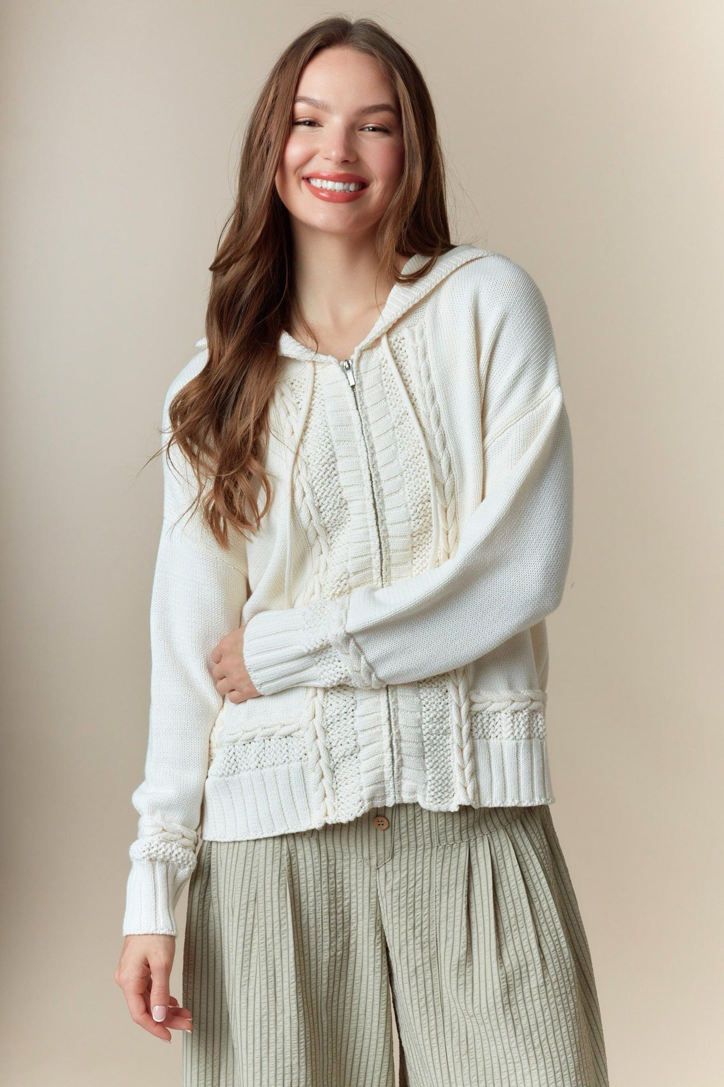 Cream Cable Knit Zip Hoodie