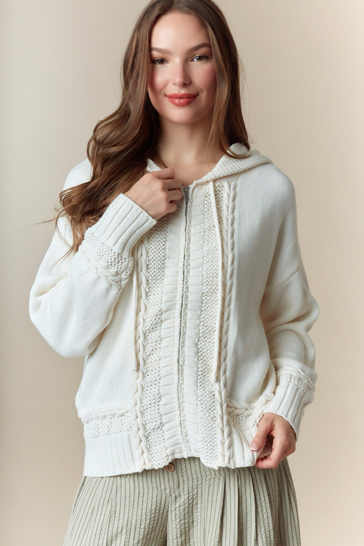Cream Cable Knit Zip Hoodie
