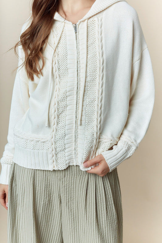 Cream Cable Knit Zip Hoodie