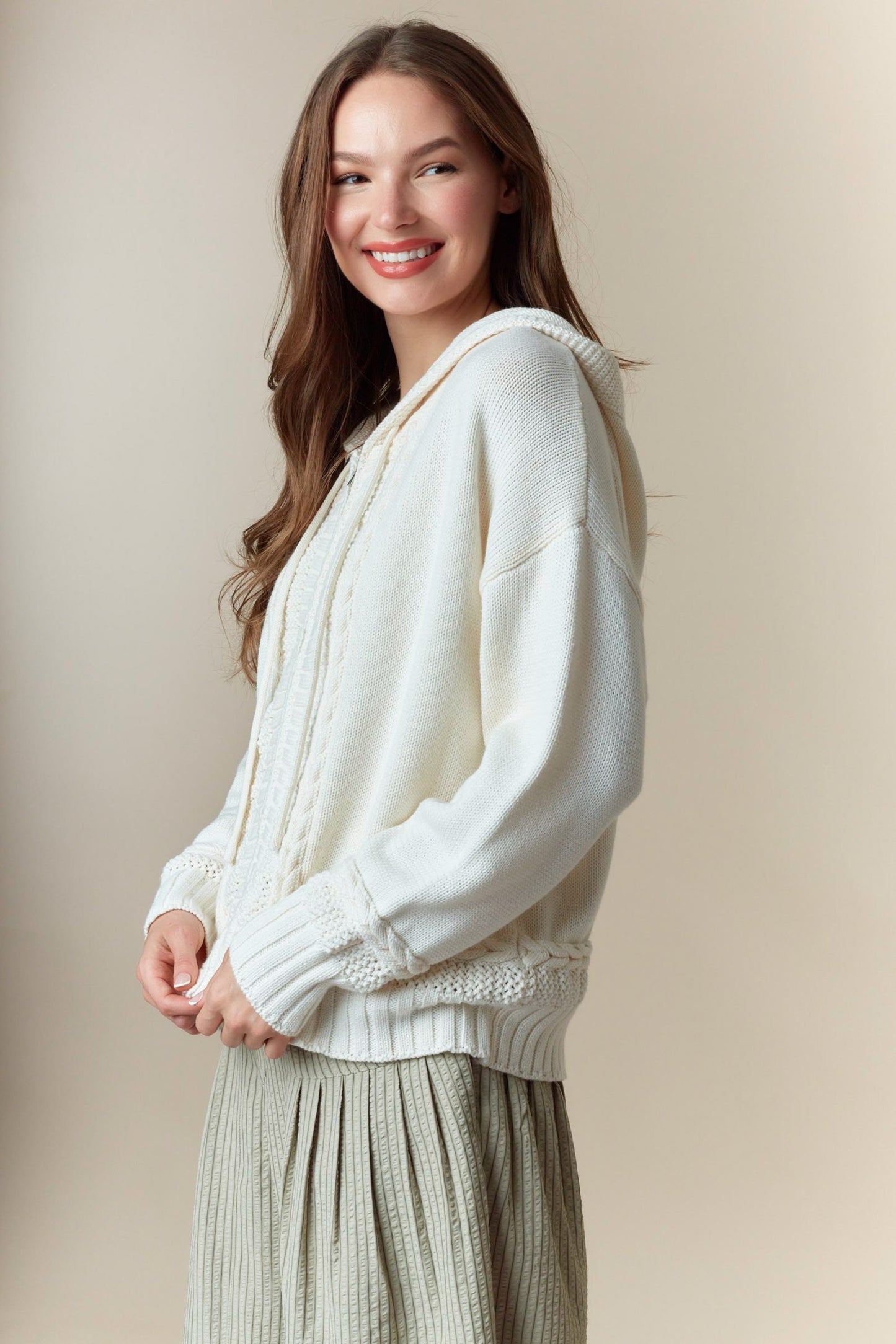 Cream Cable Knit Zip Hoodie
