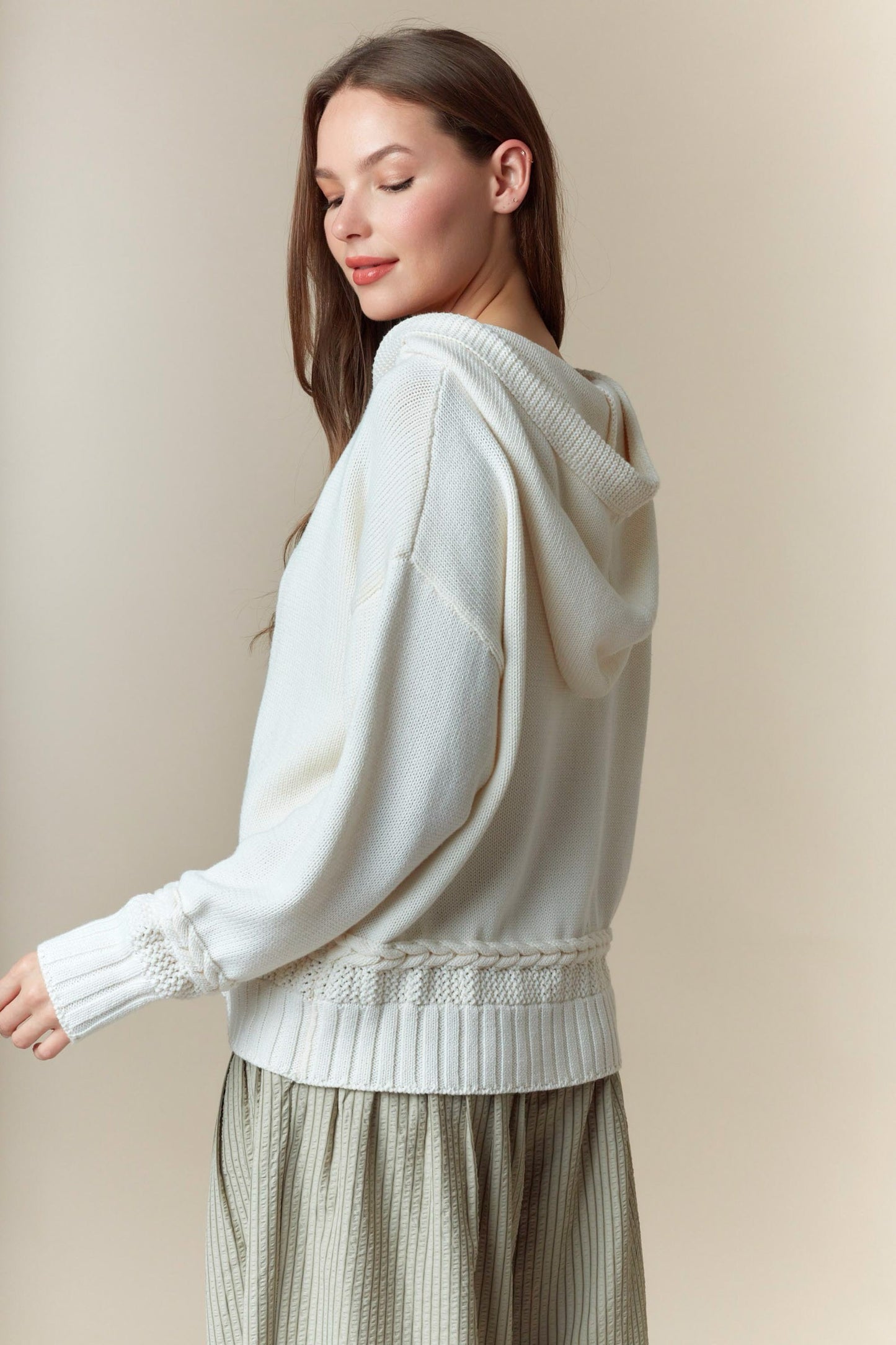 Cream Cable Knit Zip Hoodie