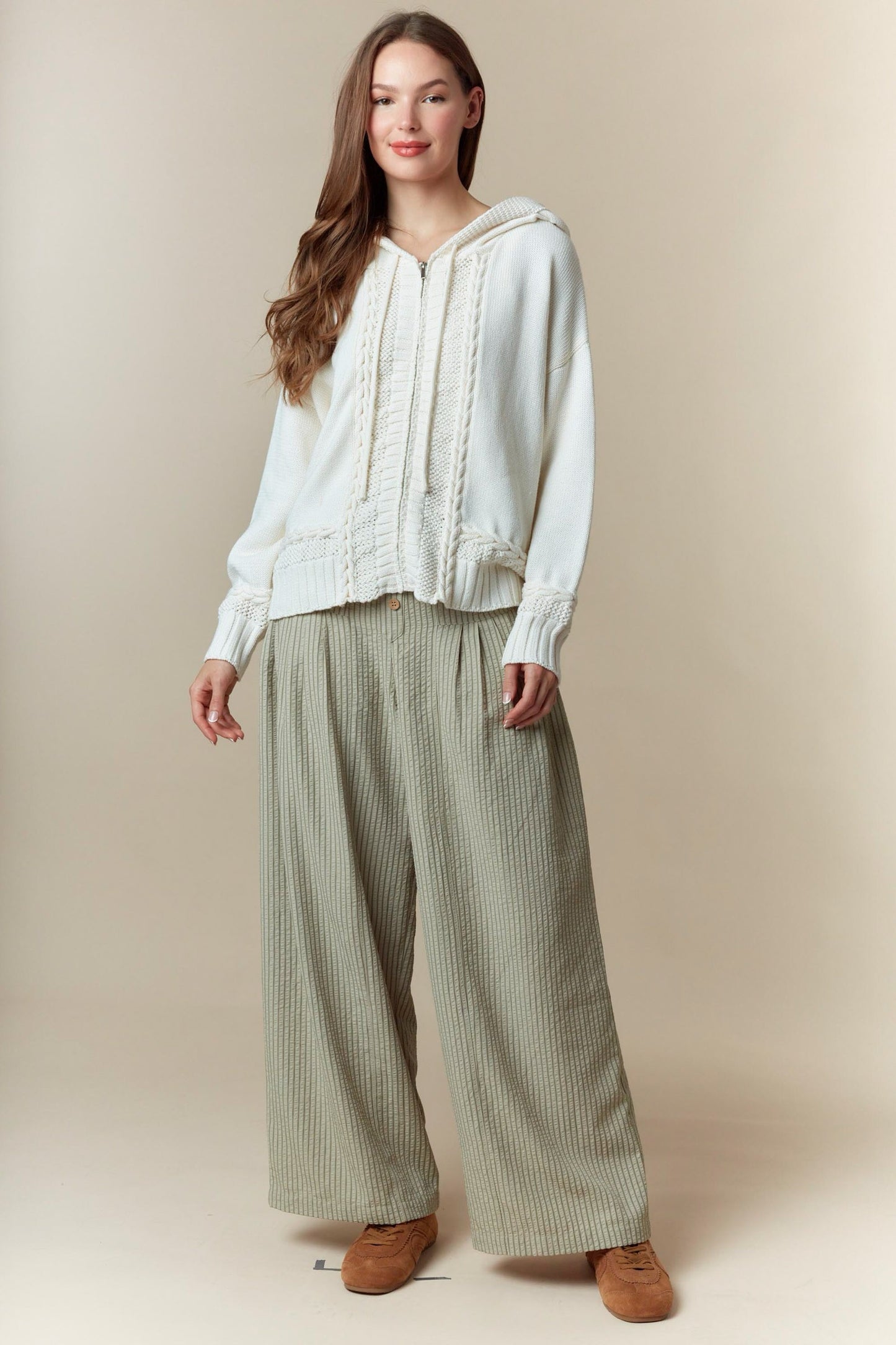 Cream Cable Knit Zip Hoodie