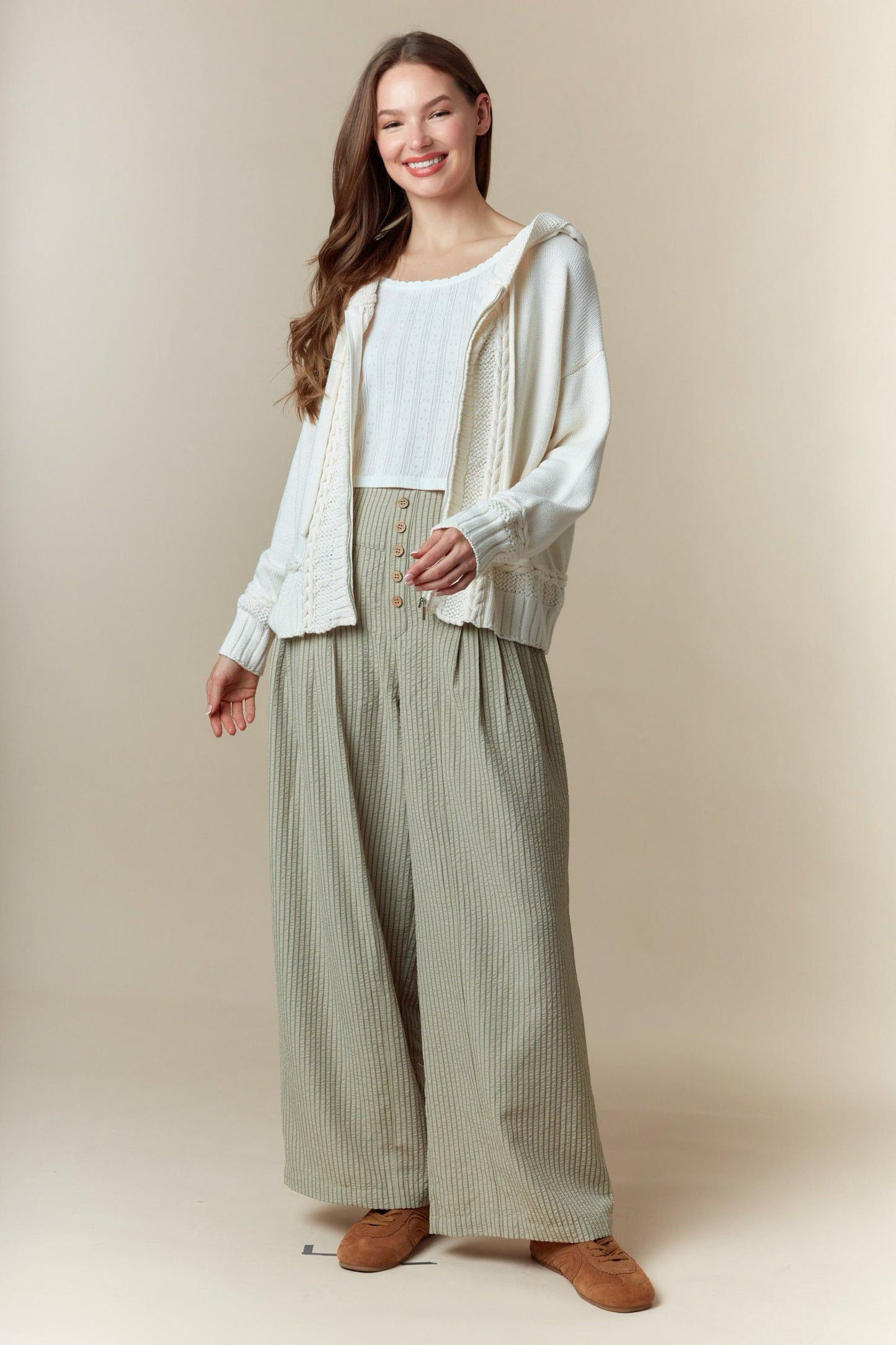 Cream Cable Knit Zip Hoodie