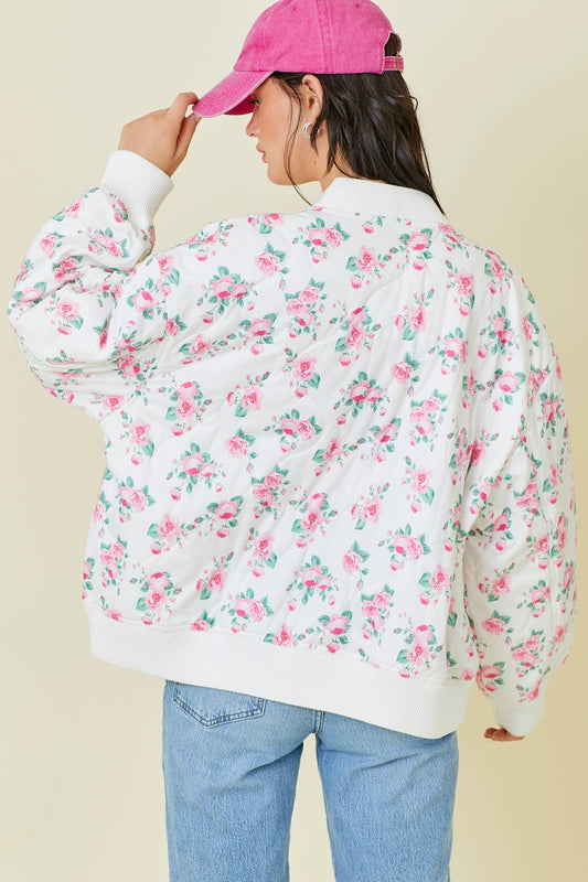 Floral Printed Oversized Quilted Bomber Jacket